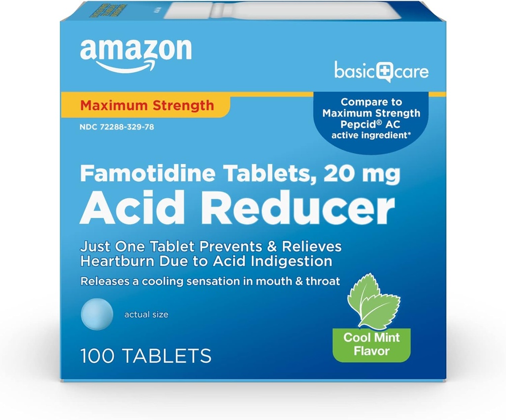 Cuidados básicos Famotidina 20mg Comprimidos de hortelã fresca, 100 contagem, Branco