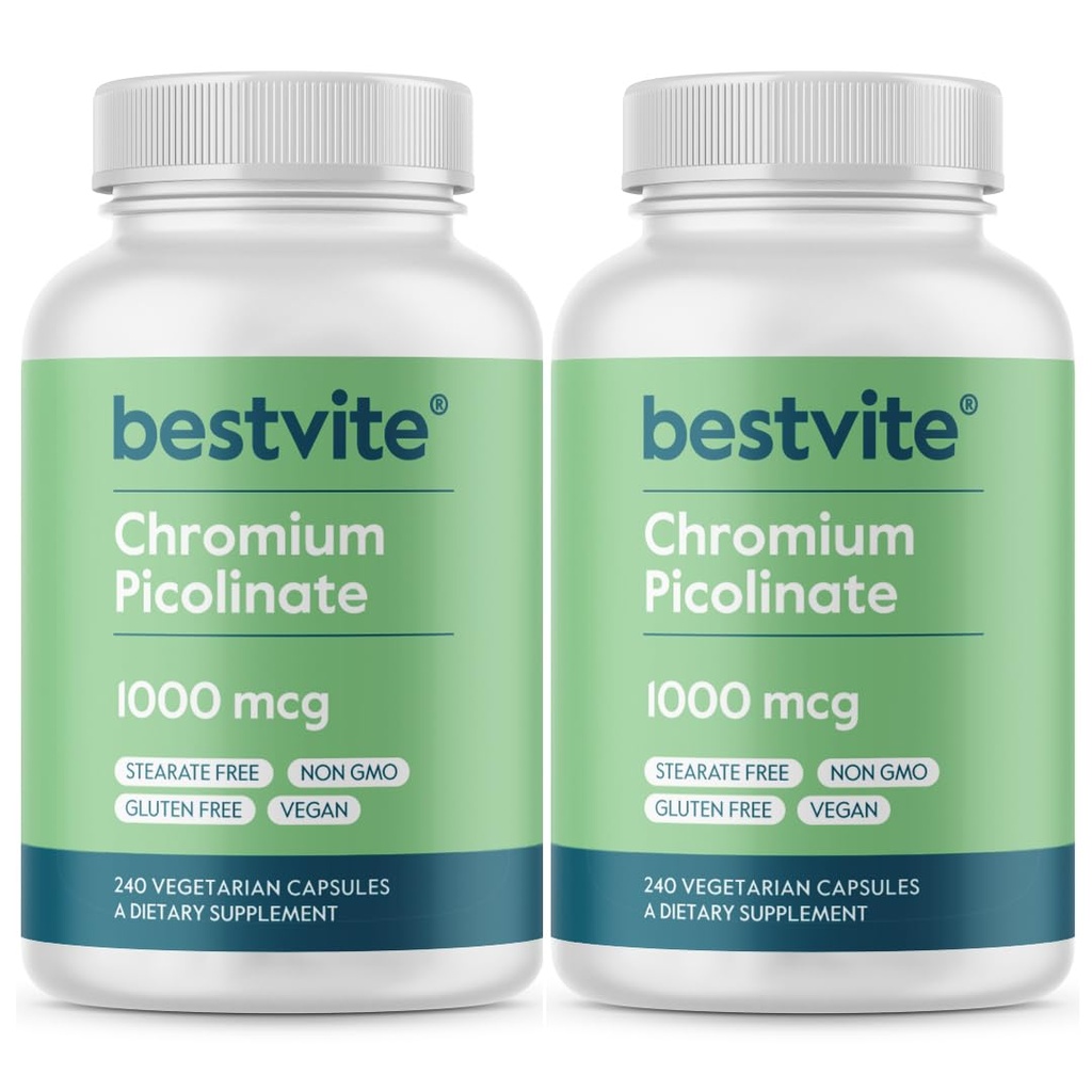 BESTVITE Picolinato de Crómio 1000mcg (480 Cápsulas vegetarianas) (240 x 2) - Sem Estearato - Sem Fosfato de Dicálcio - Vegan - Glúten Livre - Não-GMO