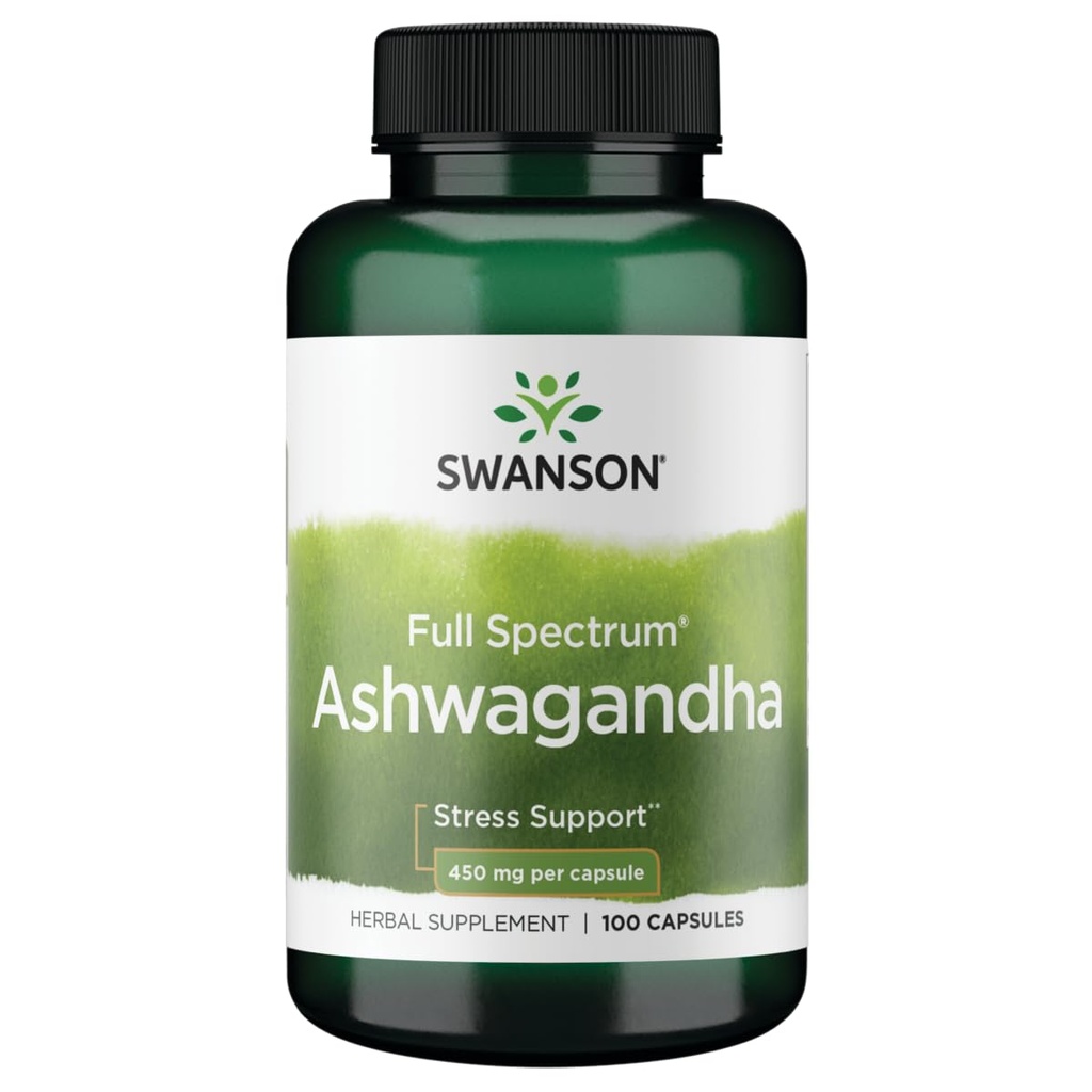 Swanson Ashwagandha Powder Supplement - Ashwagandha Root & Aerial Parts - Promove Stress Alivio & Energia - Suplemento Ayurvédico para Bem-Estar Natural (100 Cápsulas, 450mg cada)