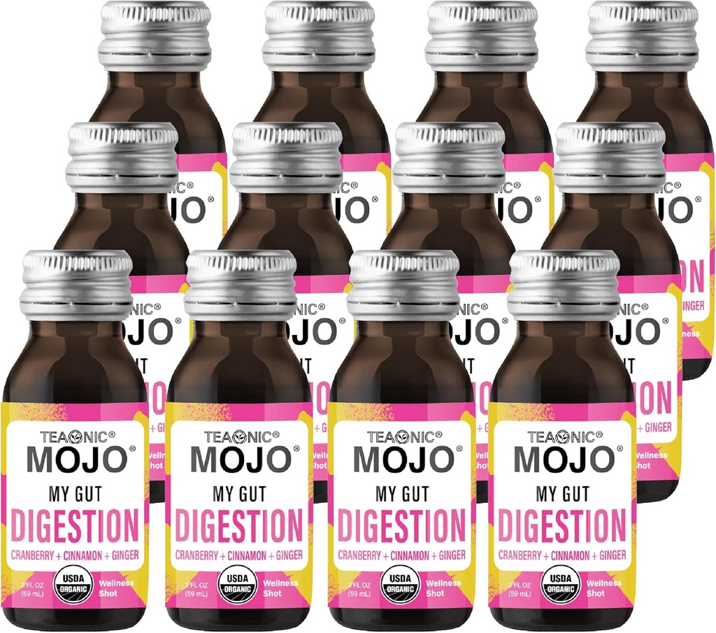 TEAONIC My Gut Mojo: Digest, Detox Drinks For Better Digestion, With Cranberry, Ginger, Canela, USDA-certificado, Açúcar-livre, Bebidas sem cafeína, 12 Garrafas, Cada Pesagem 2 Fl Oz