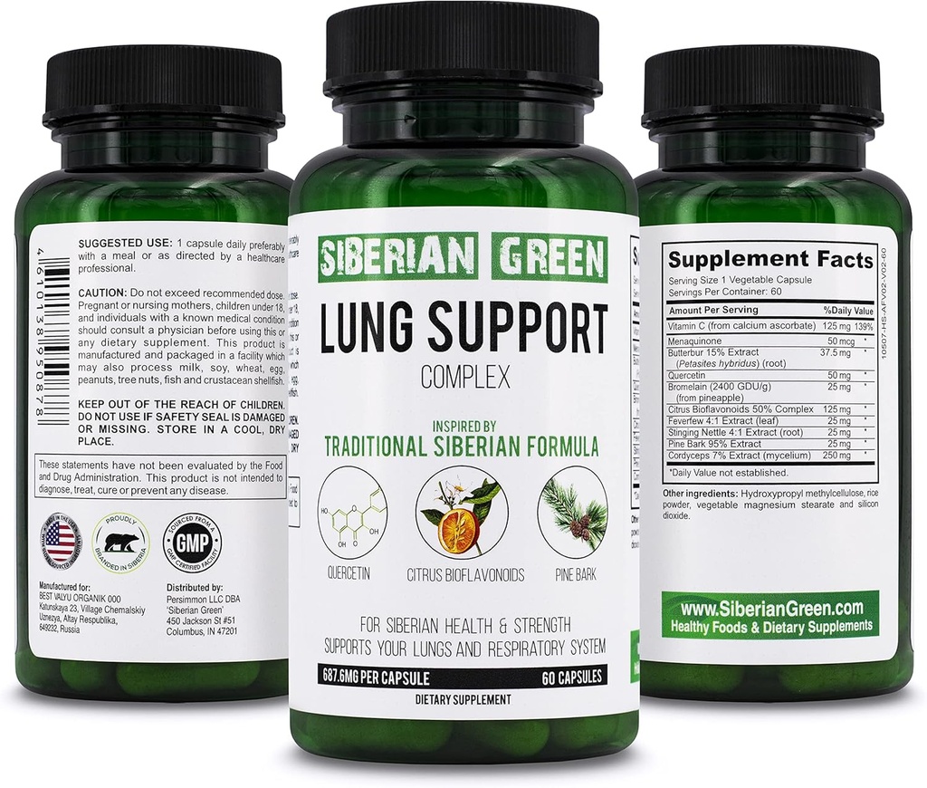 Complexo de suporte de pulmão verde siberiano 60 Cápsulas - Suplemento de fórmula tradicional rico em Quercetin, Citrus Bioflavonoids, Pine Bark