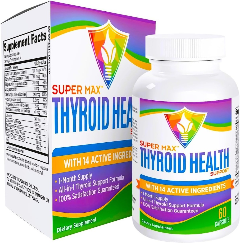 Suplemento de suporte da tireóide (Formula All-in-1) com 14 Ingredientes Ativos - Suplementos da tireóide - Complexo de saúde da tireóide - Suporte da tireóide para mulheres e homens - 60 Cápsulas