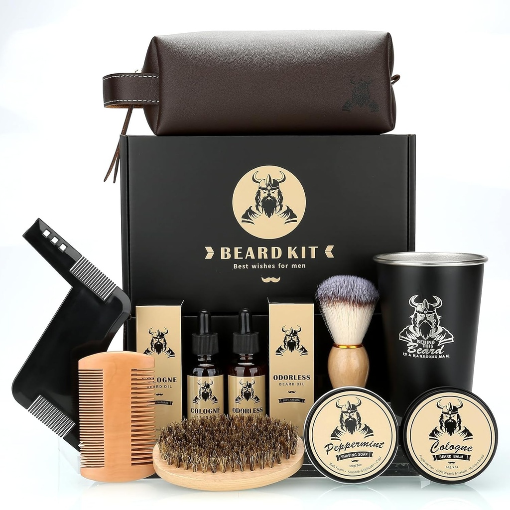 Kit de barba presentes para homens, presentes de aniversário do dia do pai para homens pai ele, grooming & aparar ferramenta conjunto completo, Kit de cuidados de barba com 2 óleo de crescimento de barba/Balm/Brush/Comb/Shaving Soap/Cup &Storage Bag