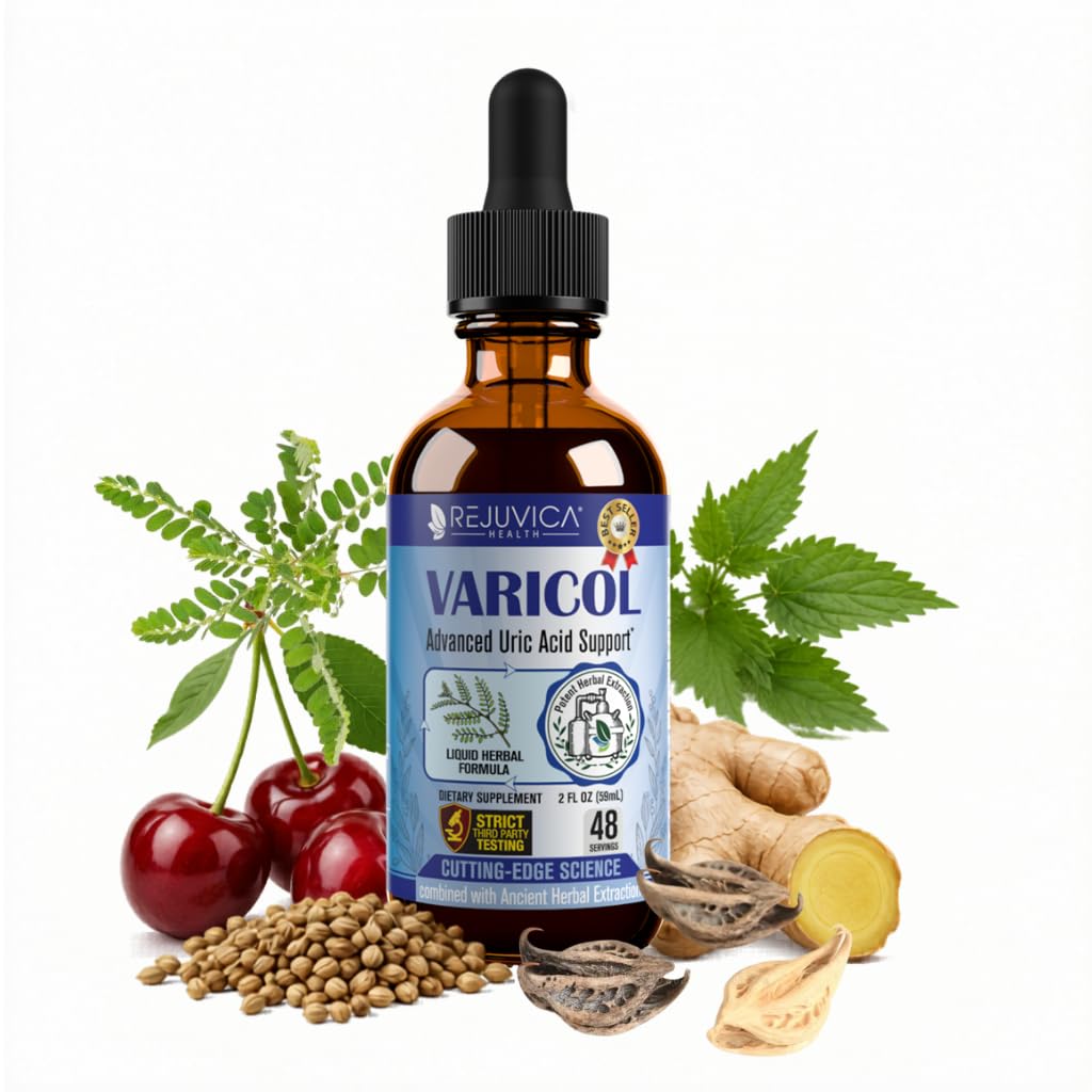 Varicol - Ácido Urico Suporte Drops Líquidos - Confortável Joint & Rim Suporte com Tart Cherry, Chanca Piedra, Sementes de Aipo + Complexo Extrato de Ginger - Vegan, Suplemento sem açúcar - 2 fl oz