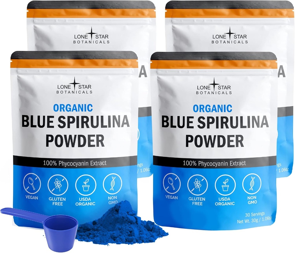 espirulina azul orgânica em pó, 120 Servings - 100% Puro Superalimento Alga azul-verde, Cor de alimentos naturais para smoothies & Protein Drinks - Non GMO, Gluten-Free, Vegan + USDA Certified, No Fishy Smell
