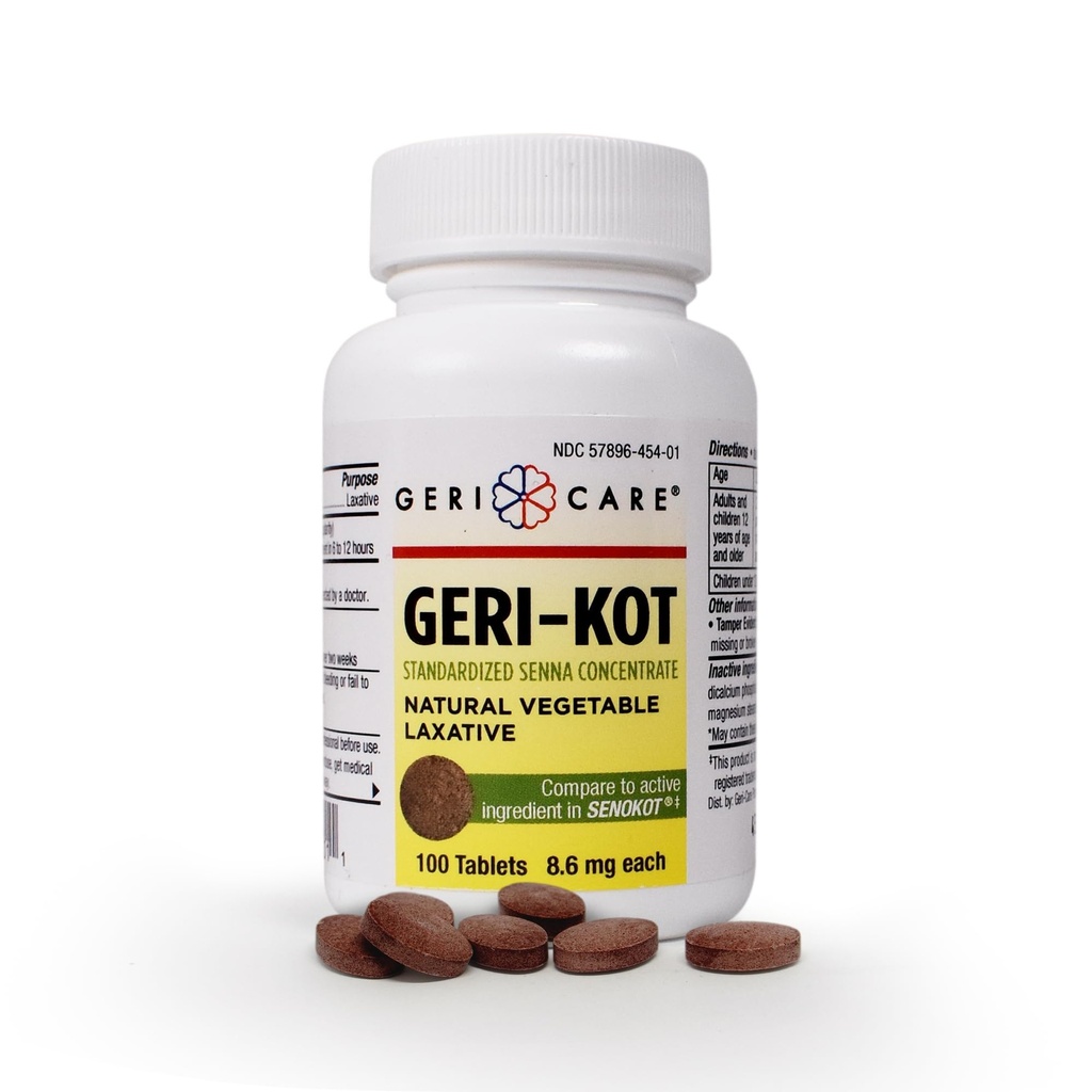 Geri-KOT Senna Laxative & Stool Softener Tablets, 100ct, Vegetal Natural Estimulante Laxativo, Movimento de Bowel Suave Comprimidos Senna, Aliviamento de Obstipação Gentil, 8,6mg Senosídeos Laxativo