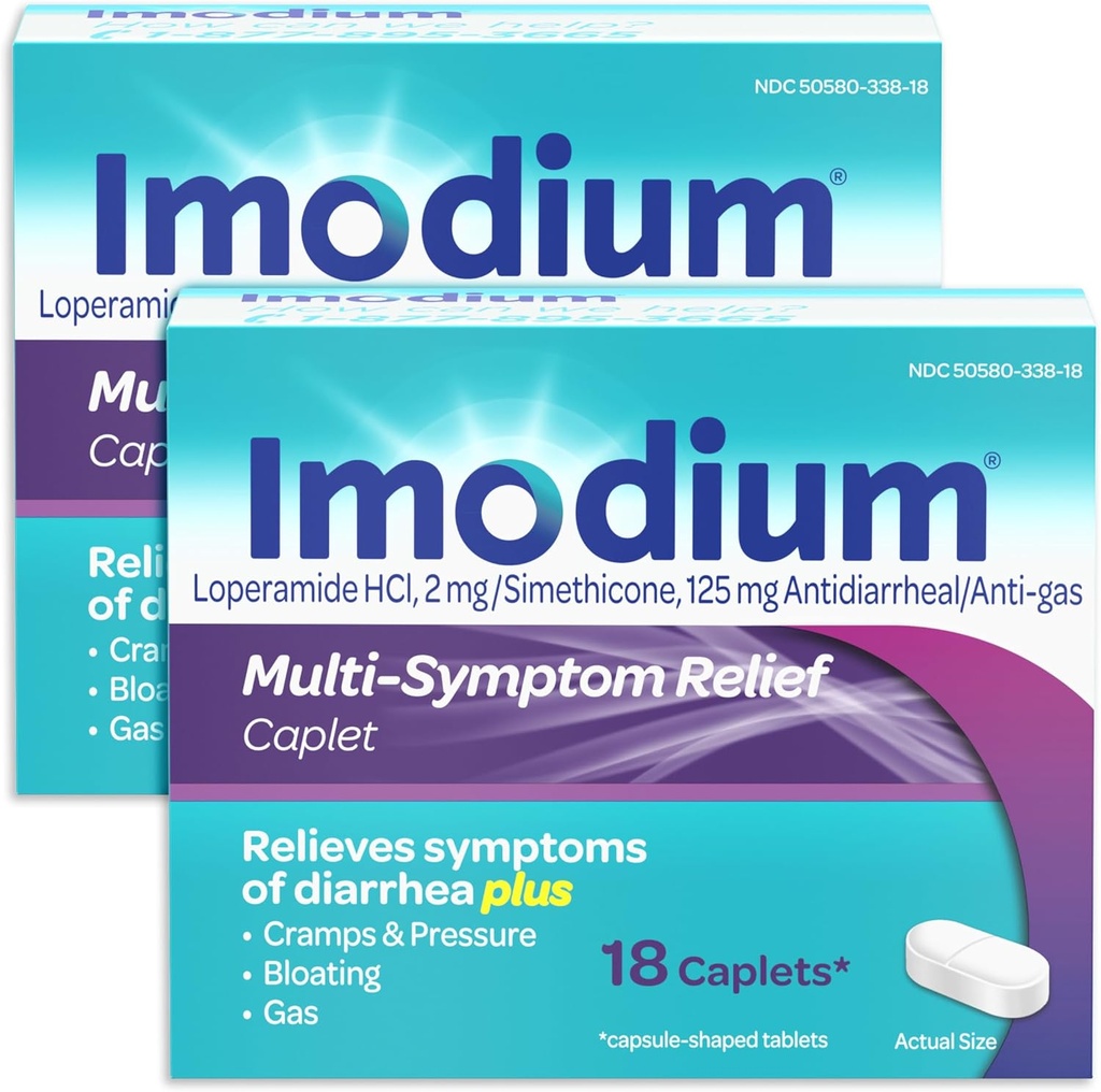 Imodium Multi-Symptom Relief Caplets com cloreto de loperamida e simeticone, Antidiarreia Medicina para o tratamento de Diarreia, Gás, Bloating, Cães & Pressão, 2 Pack
