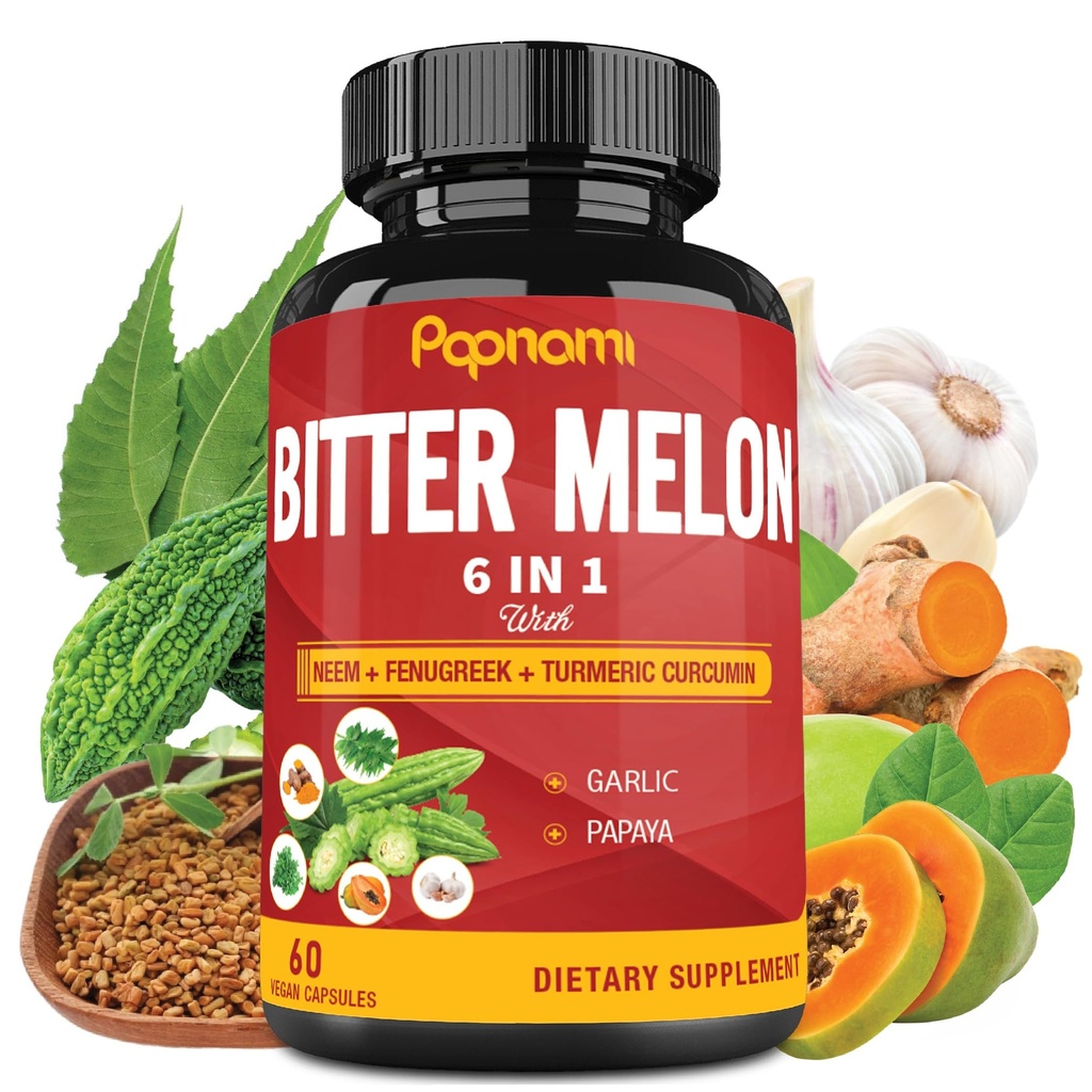 Cápsulas de Extrato de Melão Amargo Orgânico - 60 Comprimidos 2 Mês - Neem Combinado, Fenugreek, Curcumina, Alho & Papaia