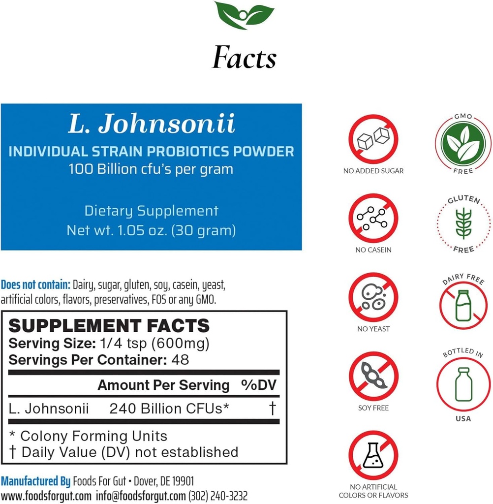 Alimentos para Gut Lactobacillus Johnsonii Pó probiótico 100 bilhões de ufc's Não Aditivos □ Direto do fabricante □ Não Armazenamento de terceiros □ Suporte Imune L. Johnsonii □ 30 gramas (1.05 Oz)