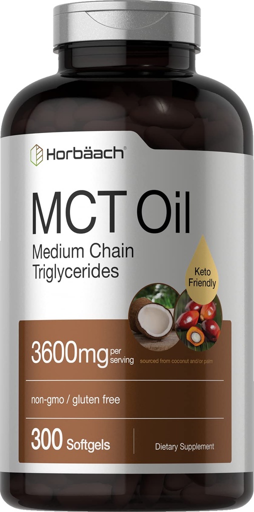 Horbäach MCT Oil Pills (Pílulas a óleo) 3600mg 300 Cápsulas Softgel (Suplemento Keto de Coconut) com Ácido Caprylic e Capric (Não-GMO) e Gluten Free