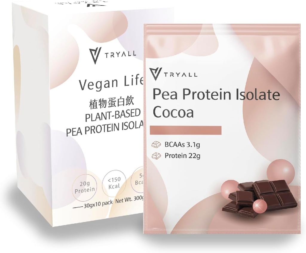 TRYALL Proteína de Ervilha Baseada em Pó Isolado (22g de Proteína) Saquetas de viagem (Leite de cocoa, 10 embalagens)