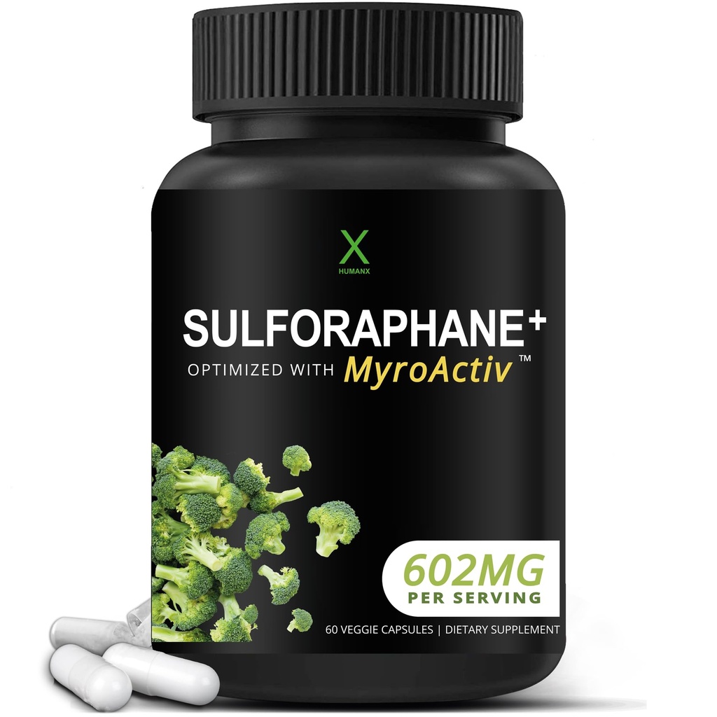 HUMANX Sulforaphane+ 602mg - EUA Teste de terceiros - Sulforaphane com extrato de sementes de brócolis & Moringa - Suporta Produção de antioxidantes, desintoxicação e saúde celular - Suplemento de brócolis