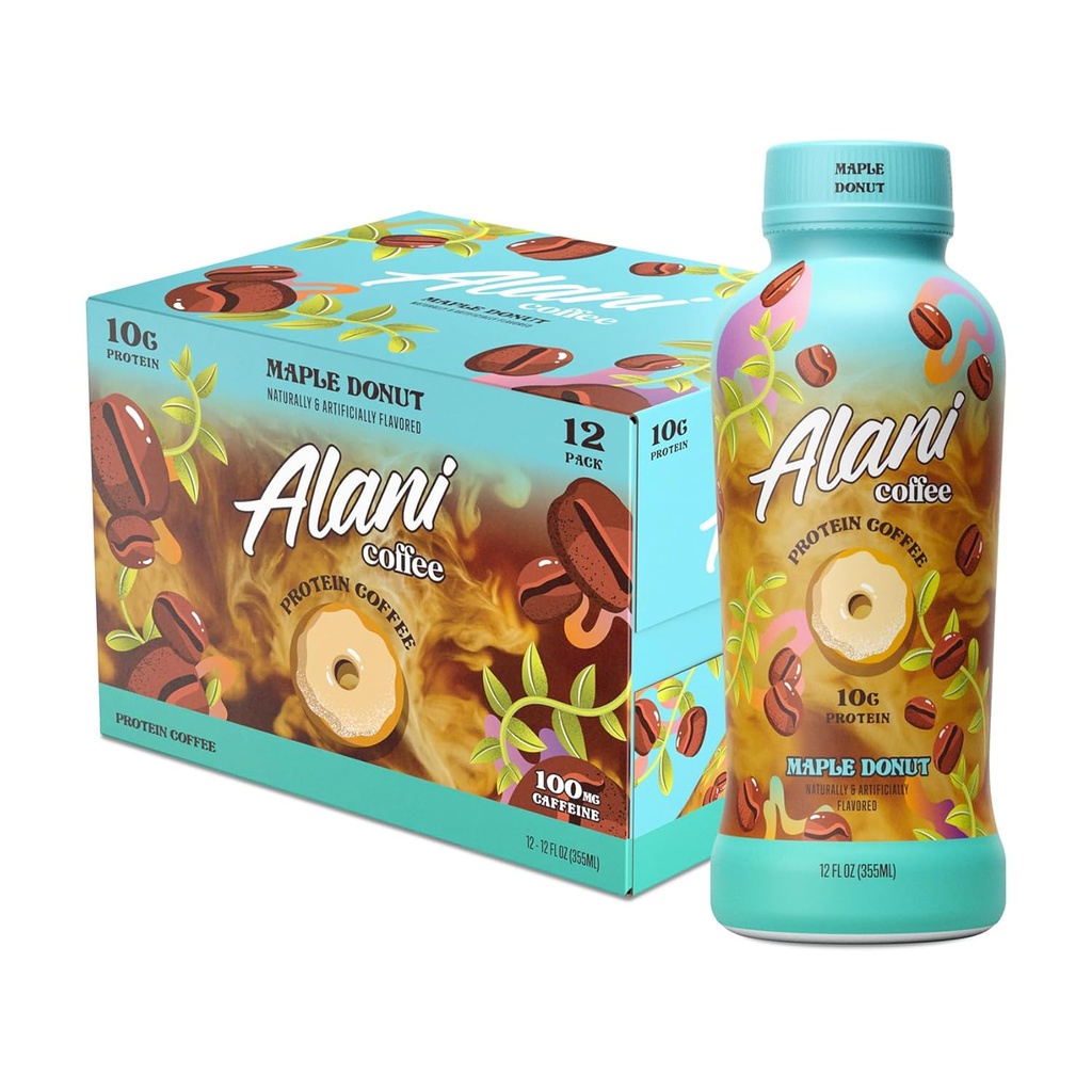 Alani Nu proteína café MAPLE DONUT Pronto para beber cerveja fria com 10g de proteína 100mg Cafeína 90 calorias, naturalmente aromatizado 12 garrafas Fl Oz