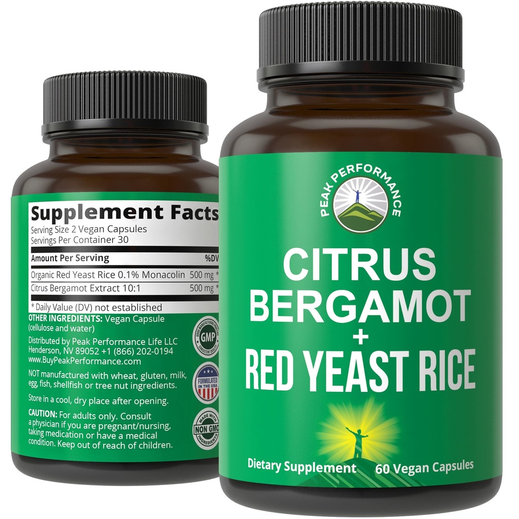 Citrus Bergamot + Red Yeast Rice. 2-em-1 Suplemento. Alta força 10:1 Bergamot Extract. Sem glúten, Açúcar Zero, Cápsulas Vegan