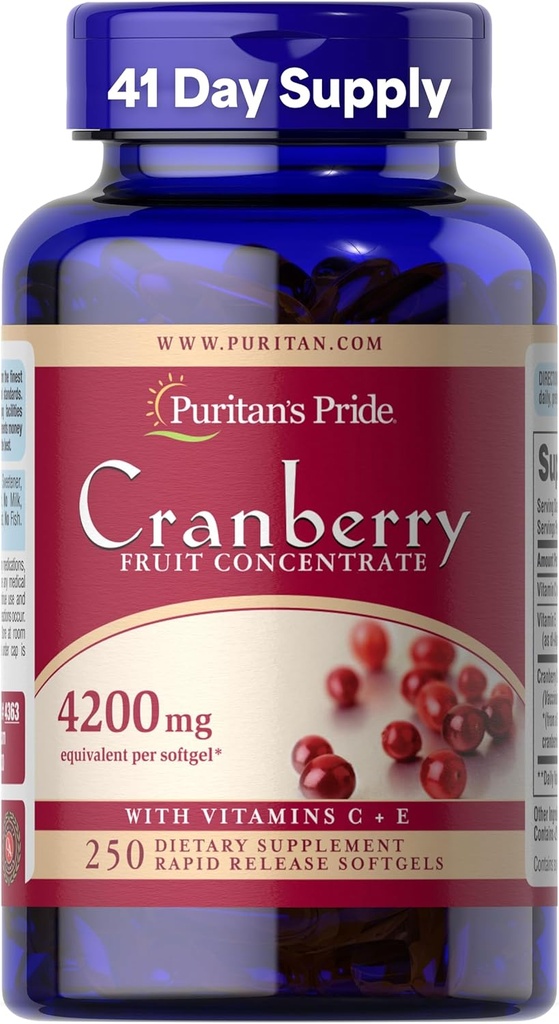 Pride Puritan Premium Cranberry Fruit Concentrate 84 mg (4200 mg equivalente) com Vitaminas C e E, Suplemento dietético para suporte do sistema imunológico, Fornecimento de 4 meses, 250 Softgels de liberação rápida