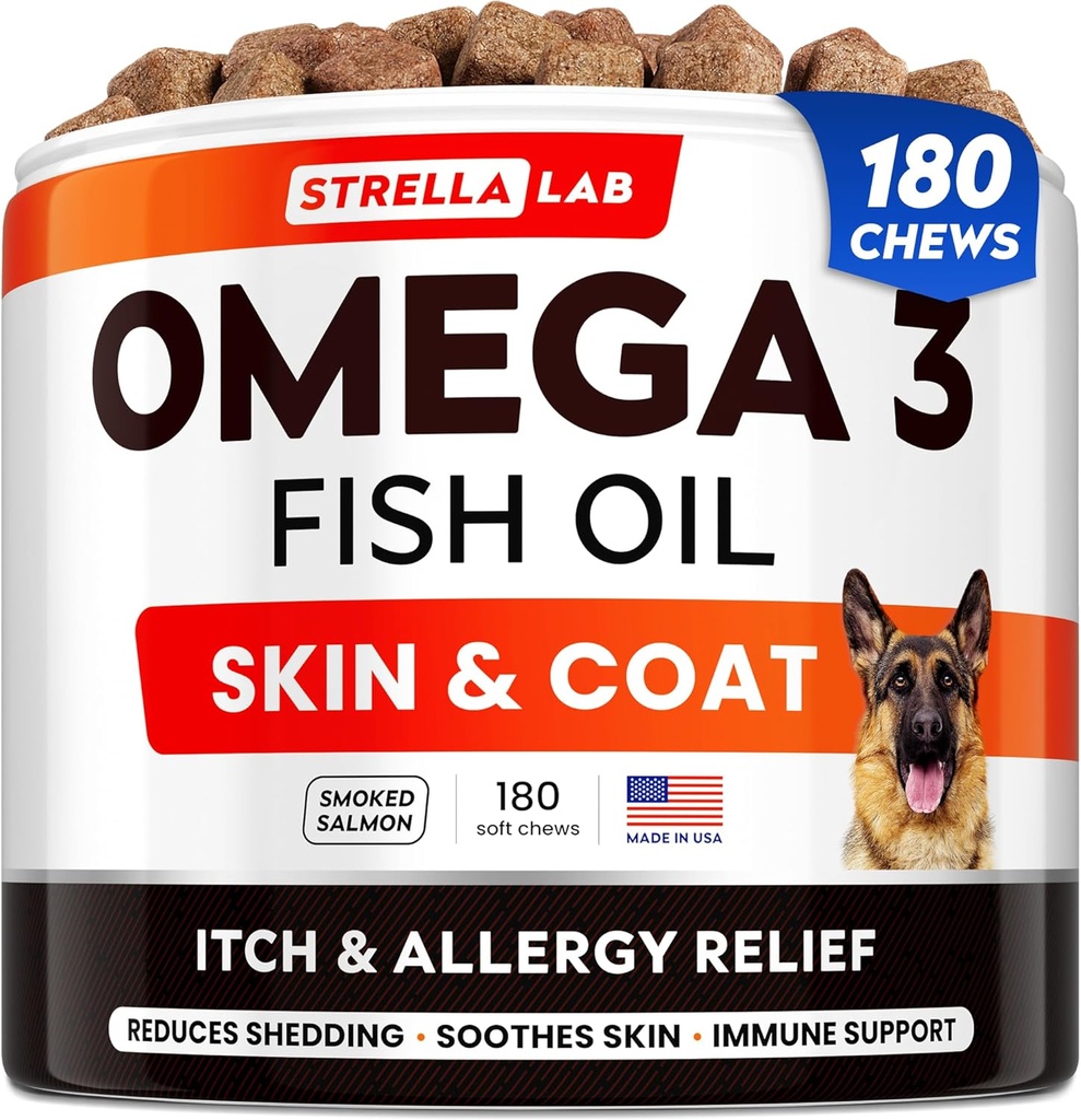 StrellaLab Omega 3 para cães - (180Ct) Fish Oil Treats - Alergia & Itch alívio pele & casaco suplemento - pele seca coceira, anti derramamento e Hot Spots tratamento - Pet Salmon Oil Chews - Flavor salmão fumado