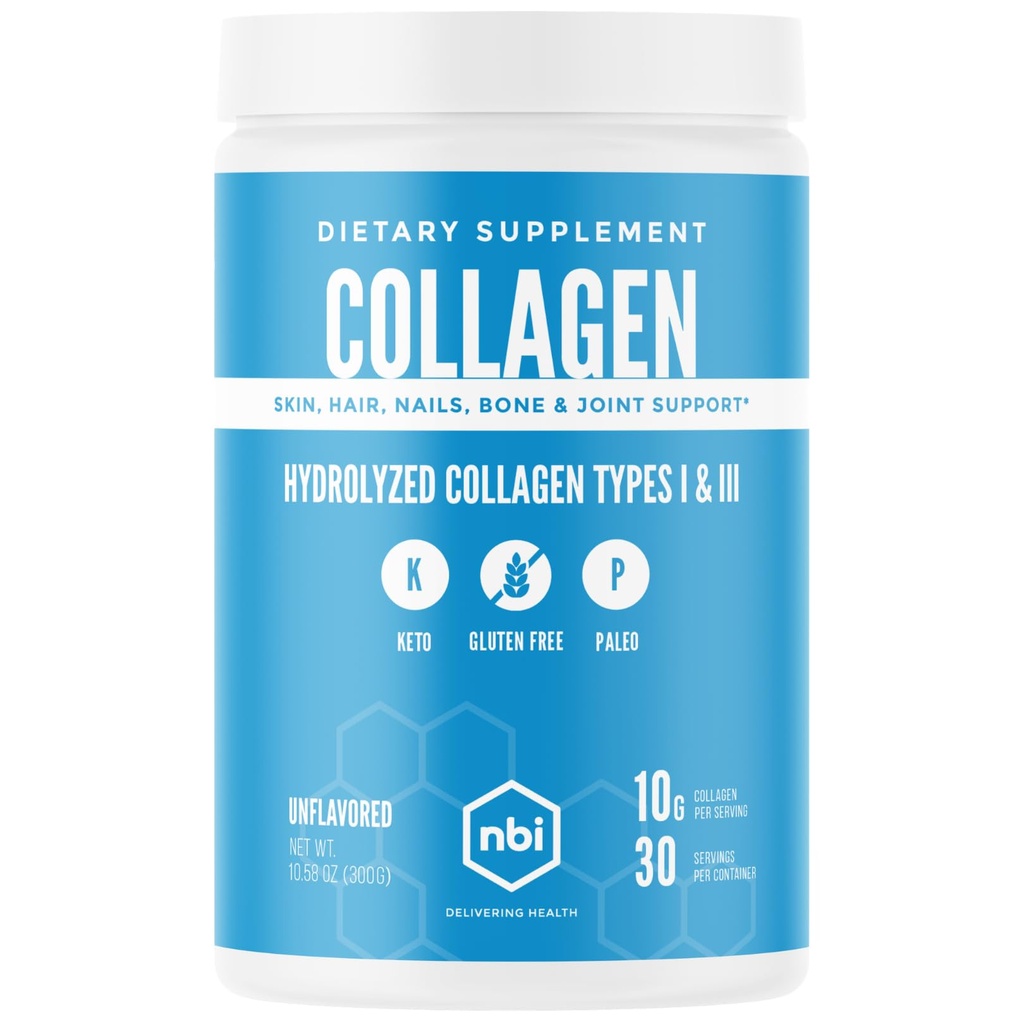 NBI Unflavored, Colágeno Peptides Pó, Paleo- e Keto Friendly, Tipo I e III Colágeno Hidrolisado, Suplemento de Aminoácidos, Dairy Free, Sem soja, Gluten Free