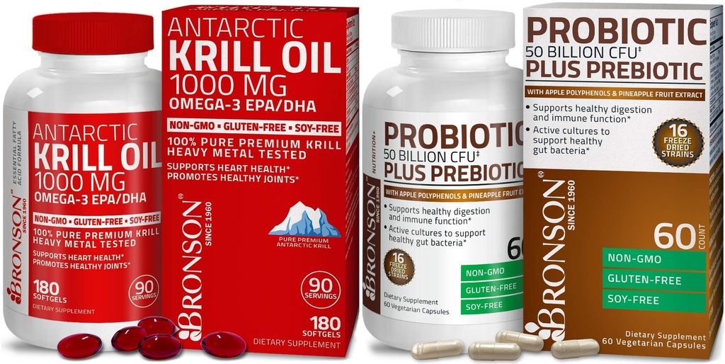 Bronson Probiótico 50 Bilhões UFC + Prebiótico com Apple Polifenóis & Abacaxi Extrac Óleo de Krill Antártico 1000 mg com Omega-3s EPA DHA