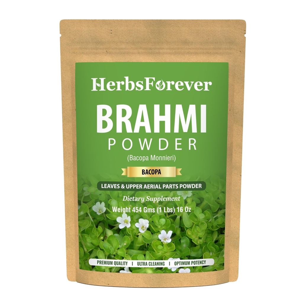 HerbsForever Brahmi pó I 100% Pure Bacopa Monnieri I Suplemento de ervas naturais – Não-GMO, Vegan, Gluten-Free I Suporta Wellness – Qualidade Premium 454 GMS