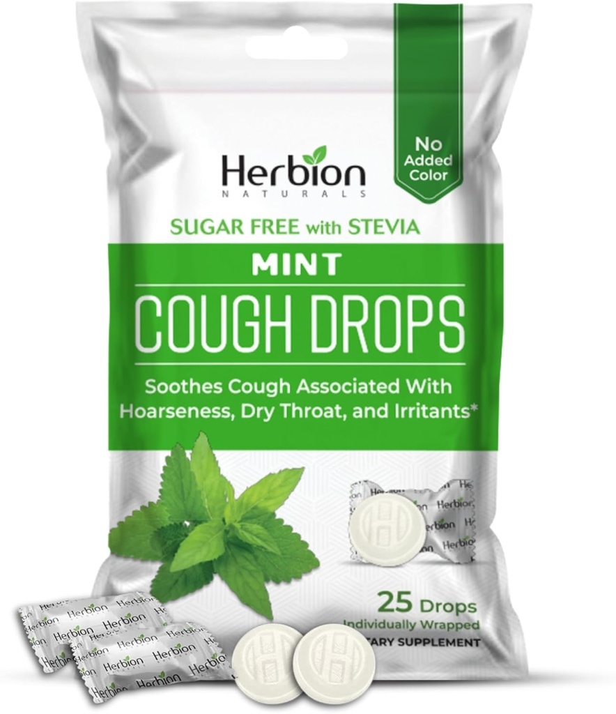 HERBION Naturals Tosse Drops, Livre de açúcar com Stevia, Suplemento dietético, Alivia a tosse, para adultos e crianças mais de 6 anos, 125 gotas (Pacote de 5), Minta