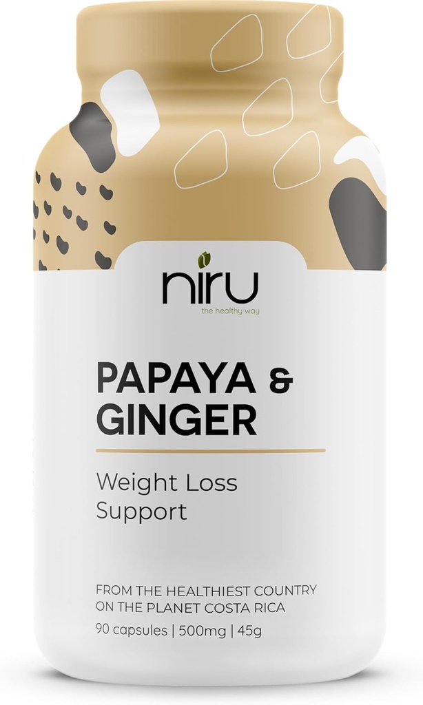 Papaya Ginger de Costa Rica - Niru Life. Blue Zone Papaya Ginger Cápsulas. Sementes de mamão de origem única e mistura de raízes de gengibre. Suporte Digestivo, Detox, & Metabolismo Boost. 90ct. 500mg Caps.