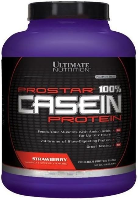 Ultimate Nutrition Prostar Micellar and Hydrolyzed Casein Protein Powder - gordura livre O crescimento e recuperação muscular overnight com BCAAs, 5 libras, morango