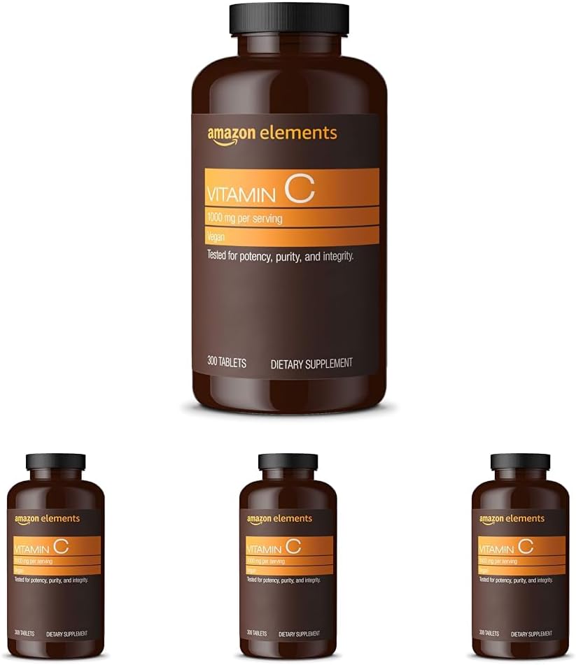 Elementos Vitamina C 1000mg, Suporta Sistema Imune Saudável, Vegan, 300 Comprimidos, 10 Mês de Fornecimento (Pacote de 4)