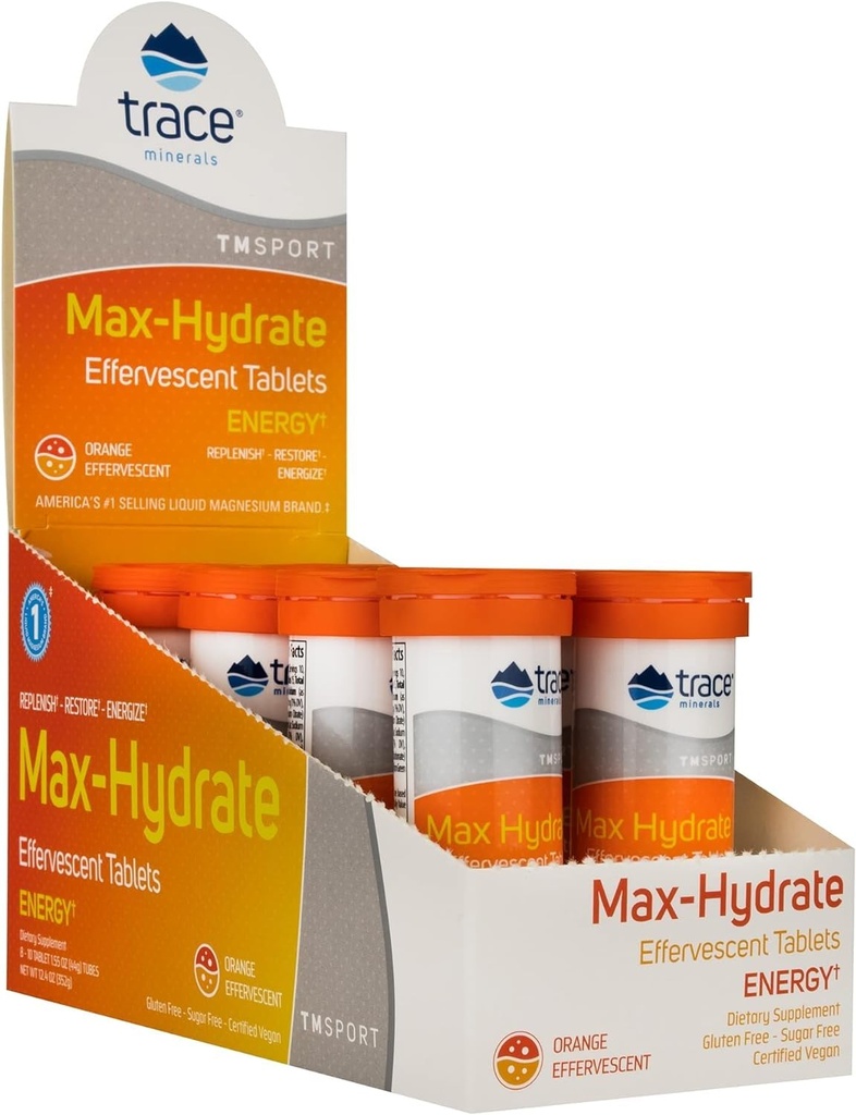 Trace Minerals Endurance Max-Hydrate - Suplemento de suporte energético diário - Suplemento de eletrolito para ajudar contra Cãibras musculares - Suplemento para apoiar a hidratação - Laranja, 10 Tabs (80 Servings)