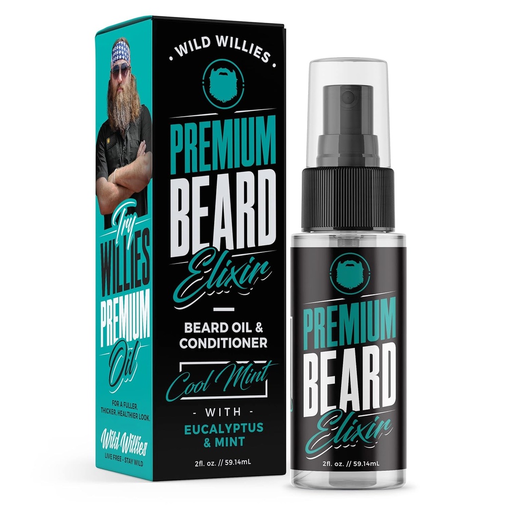 Wild Willies Premium Beard Oil & Conditioner Ingredientes naturais e orgânicos promovem o crescimento rápido da barba, remove coceira & dandruff - tratamento profundo do amaciador restaura umidade - 2 Oz, cheiro fresco de hortelã