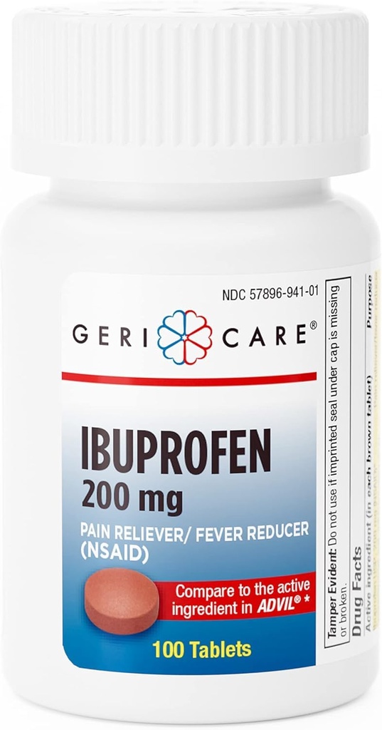 GeriCare Ibuprofen 200mg Reliever Dor e Redutor de Febre – Comprimidos para Dor de cabeça, resfriados, toothaches e dor articular 100 Contagem (Pacote de 1)