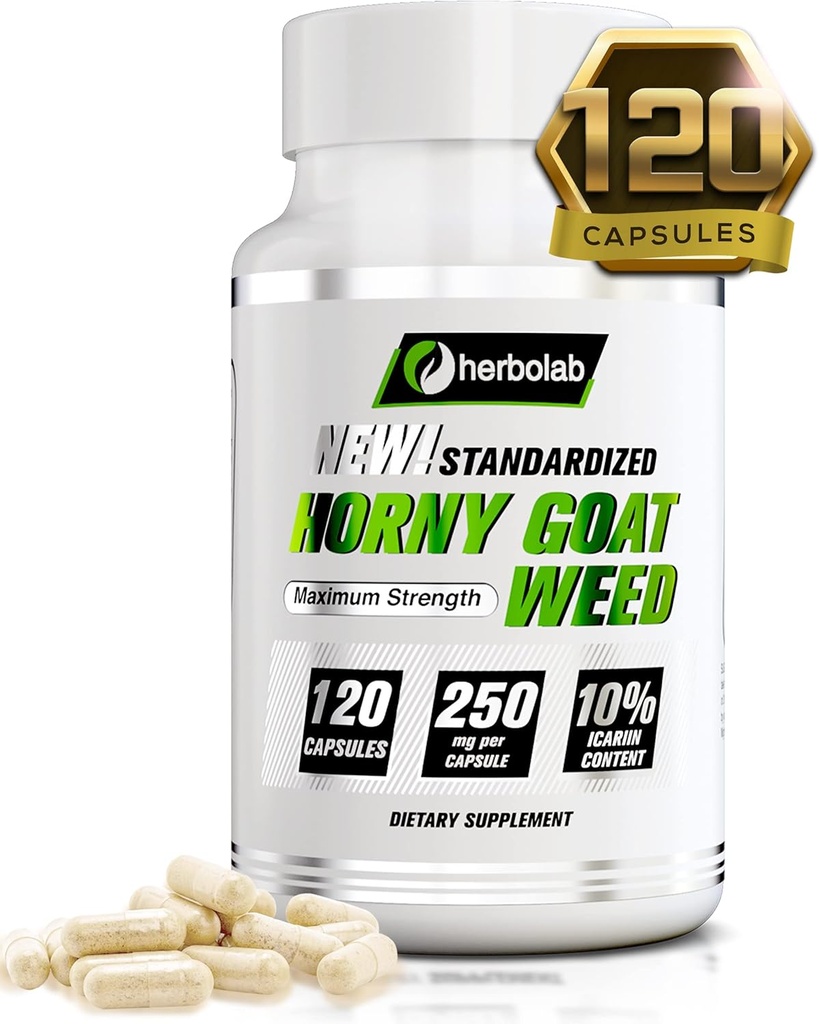 Herbolab Horny Goat Weed Extract, padronizado para 10% Icariin, 250mg x 120 Cápsulas (AKA Epimedium Extract, Barrenwort, Chapéu do Bispo, Asas de Fada, Yin Yang Huo)
