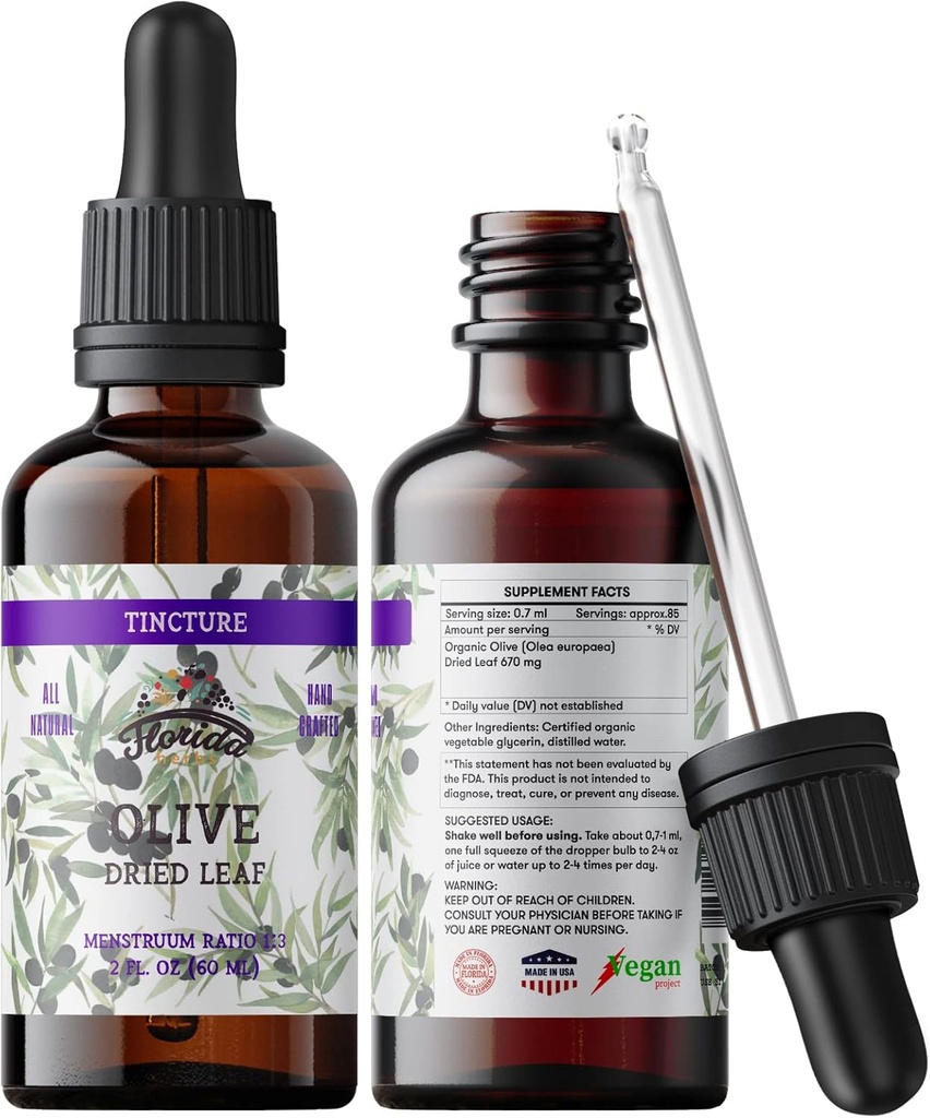 Tintura de Folha de Oliva Orgânica, Extrato de Oliva Líquido (Olea europaea) Suplemento de Erva de Folha Secada, Não-GMO em Glicerina Orgânica A frio, 700 mg, 2 oz (60 ml)