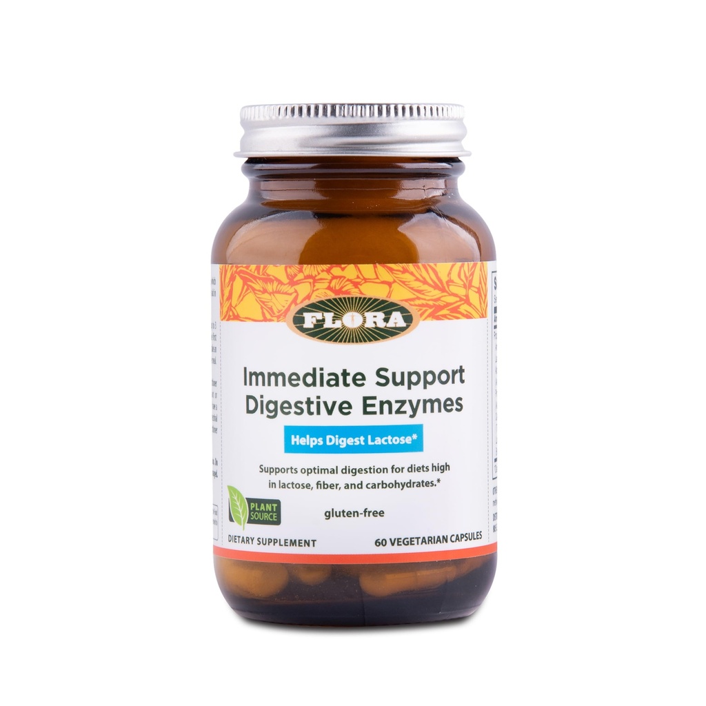 Flora - Suporte imediato Enzimas Digestivas - Suporta Digestão de Lactose, Bloating, Azia e Gás - Contém 7 Enzimas - Sem glúten - 60 Cápsulas Vegetarianas