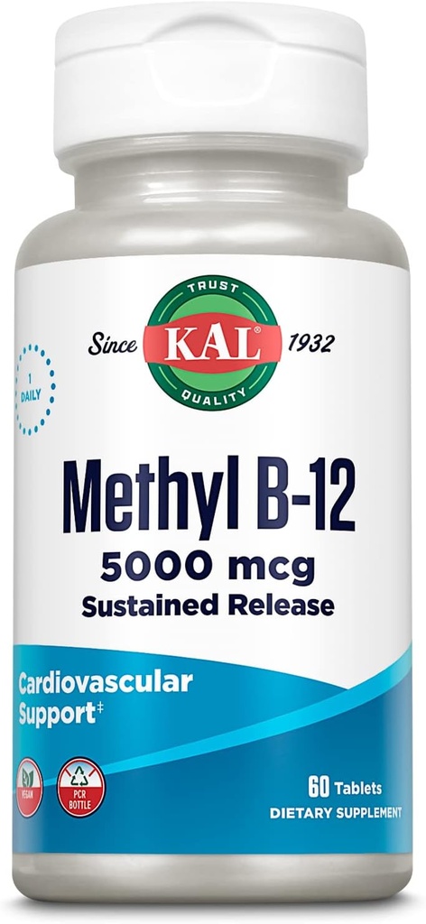 KAL Vitamina B12 Metilcobalamina 5000mcg, Energia Saudável, Metabolismo, Nerve & Red Blood Cell Support,* Rápido Dissolver ActivMelts, Absorção Optimal, Natural Raspberry Flavor, 90 Servings, 90 Micro Tabs