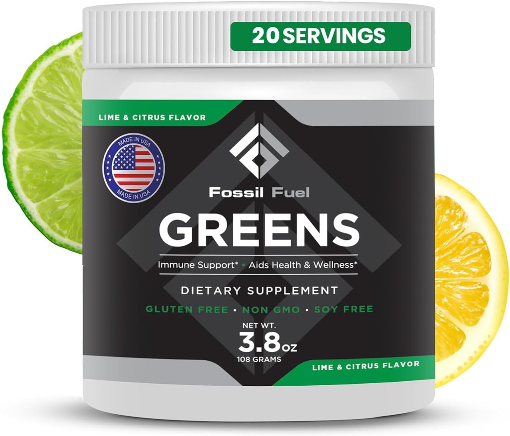 Fossil Fuel Super Greens Powder Premium Superalimento 40+ Nutrientes Orgânicos Verdes Vegetais inteiros Alimentos, Wheatgrass, Spirulina, Kale for Energy, Gut Health, Detox Cleanse (20 Servings)