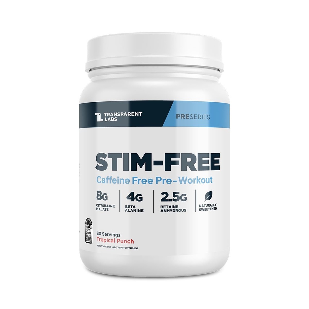 Laboratório Transparente pré-treino Stim-free - Cafeína e Stim Free Pré-treino em pó para homens e mulheres com Beta Alanine Pó, Citrulina Malate, & elevATP - 30 Servings, Tropical Punch