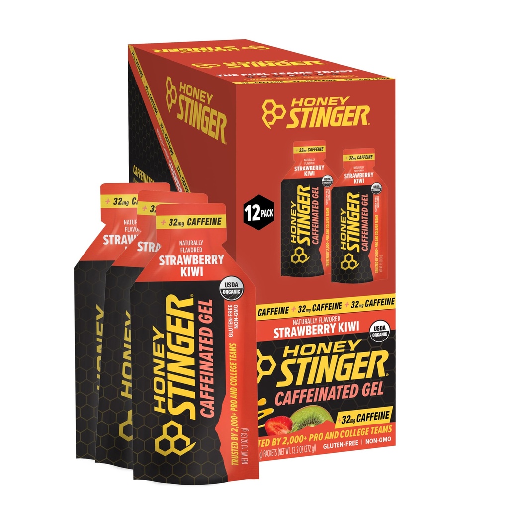 Honey Stinger Organic Strawberry Kiwi Energy Gel, Cafeinado e Glúten Livre, para exercício, execução e desempenho, Nutrição Desportiva para Casa e Ginásio, Pré e Mid Workout, 12 Pack, 13.2 Ounce