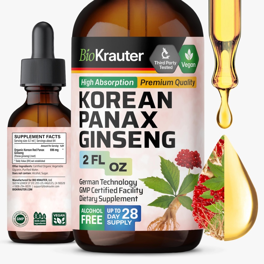 BIO KRAUTER Panax Ginseng Extract Liquid - Korean Red Ginseng Supplement Alcohol Free - Imune Support - Vegan, Sugar Free - 2 Fl.Oz.