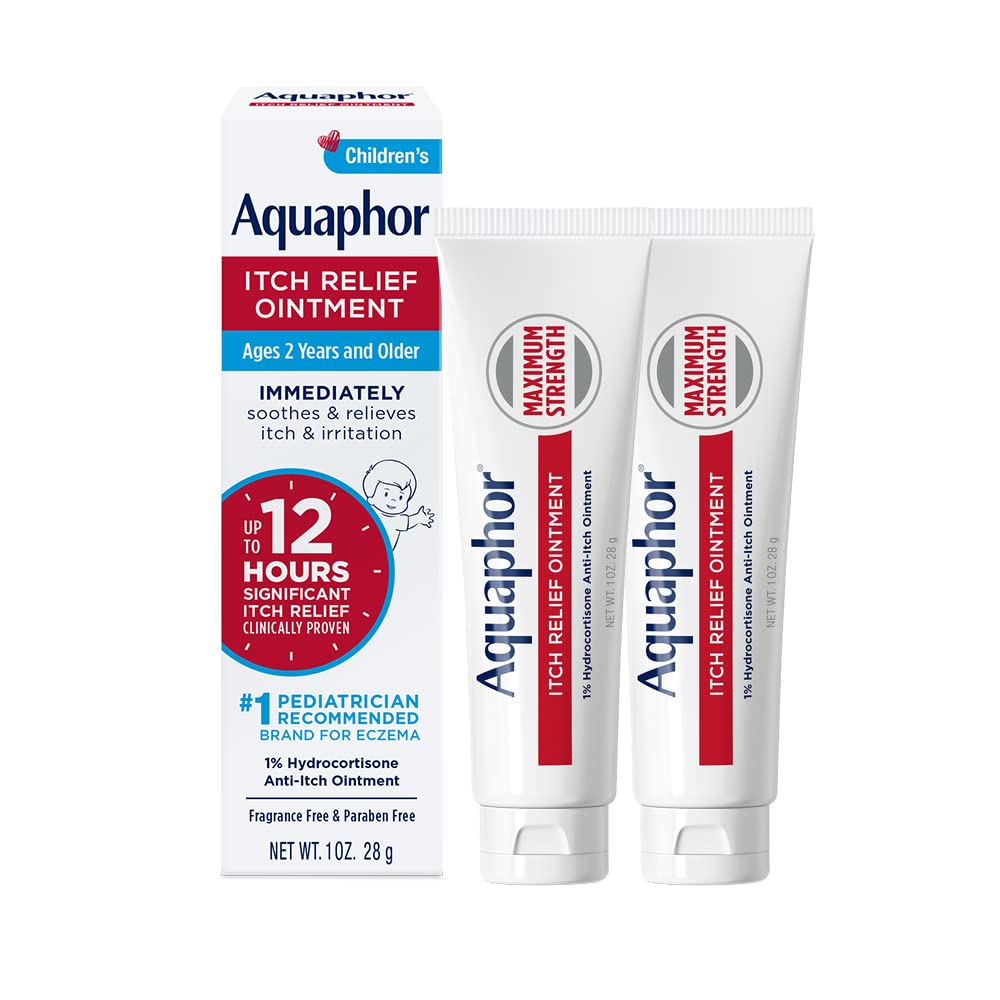 Pigmento de alívio de prurido de crianças Aquaphor, 1% de hidrocortisona Anti coceira Pomada para irritação da pele, mordidas de insetos, psoríase, erupções cutâneas Eczema e hera venenosa, Fragrância livre, 1 tubo de Oz, pacote de 2