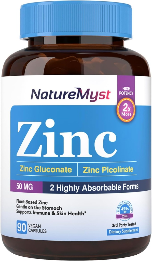 Zinco, Altamente Absorvível Gluconato de Zinco & Picolinato de Zinco, 50 mg de Zinco Elemental, Gentil no estômago, Imune, Célula & Saúde da Pele, 90 Caps Vegan
