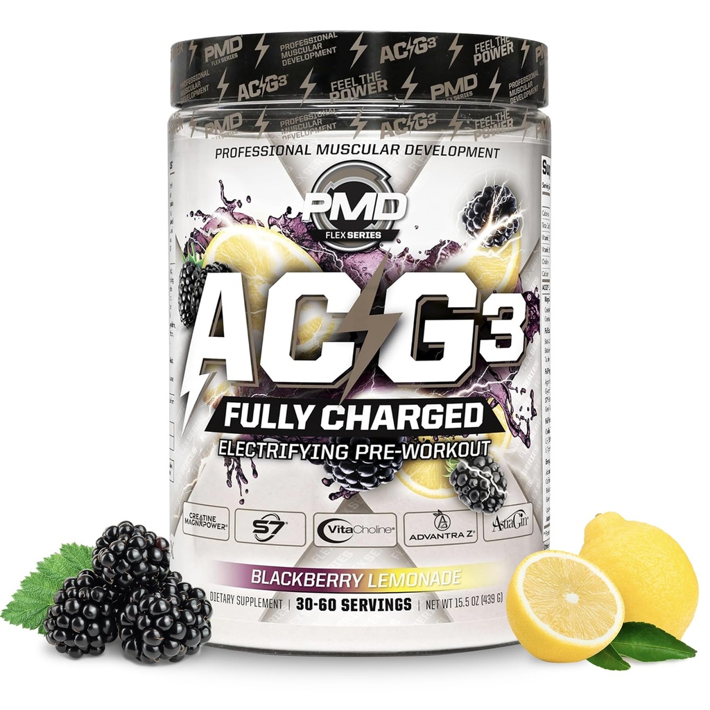 PMD Sports ACG3 Totalmente Charged - Electrificante Pré Treino Pó - Alta Energia e Bomba Pré- Treino para Homens e Mulheres para Maximizar Foco, Endurance & Desempenho - BlackBerry Limonada (30-60 Servões)
