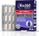 Bio360 Suplemento Probiótico Diário Adulto para Mulheres e Homens, 30 bilhões de UFC, 10 Strains, Fibras Prebióticas Orgânicas, Saúde Digestiva e Imune, Obstipação Ocasional, Diarreia, Gás e Bloating, 30CT