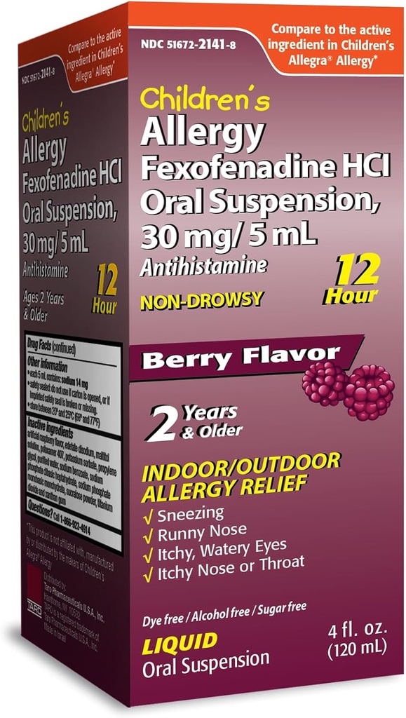 TARO Crianças 12HR Alergia Alívio Não-drogado Anti-histamínico líquido, sabor de cereja, livre de álcool, Dye-Free & Açúcar, Fexofenadina HCl (4 onças)