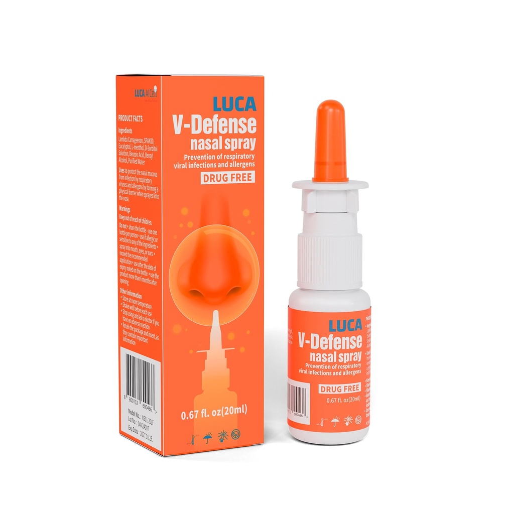 LUCA V-DefenseTM Pulverização nasal com Lambda Carrageenan, Menthol e Eucalyptol – Alivio de congestão nasal livre de drogas – Hidrata Passagens nasais e reduz a adesão contaminante – 0,67 fl oz (200 Sprays)