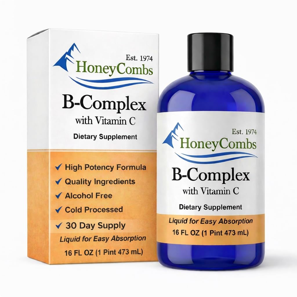 HoneyCombs Vitamina B Complex Drops – Suplemento Líquido com Vitamina B1, B2, B3, B5, B6, B7, B9, B12 & Vitamina C – Super B Complex Vitaminas – Suplemento Líquido Sem Álcool, 16 Fl Oz.