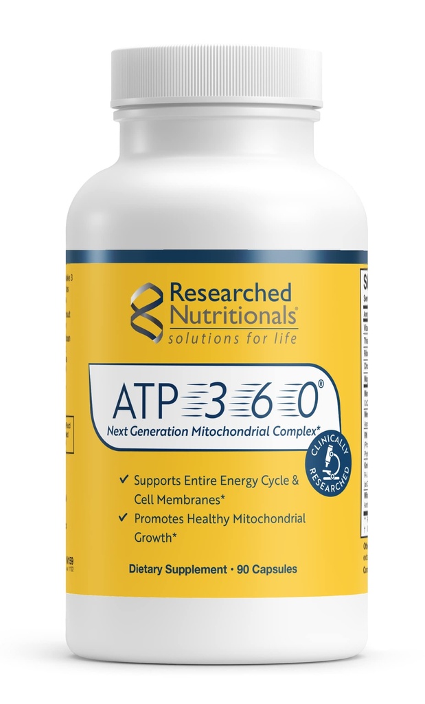 Nutricionais pesquisados ATP 360 - Suplementos mitocondriais para apoiar Membranas de Ciclo Energético Inteiro e Células - Suplementos ATP clinicamente pesquisados, CoQ10 de Alta Dose, Ácido R-Lipoico & PQQ, 90 Cápsulas
