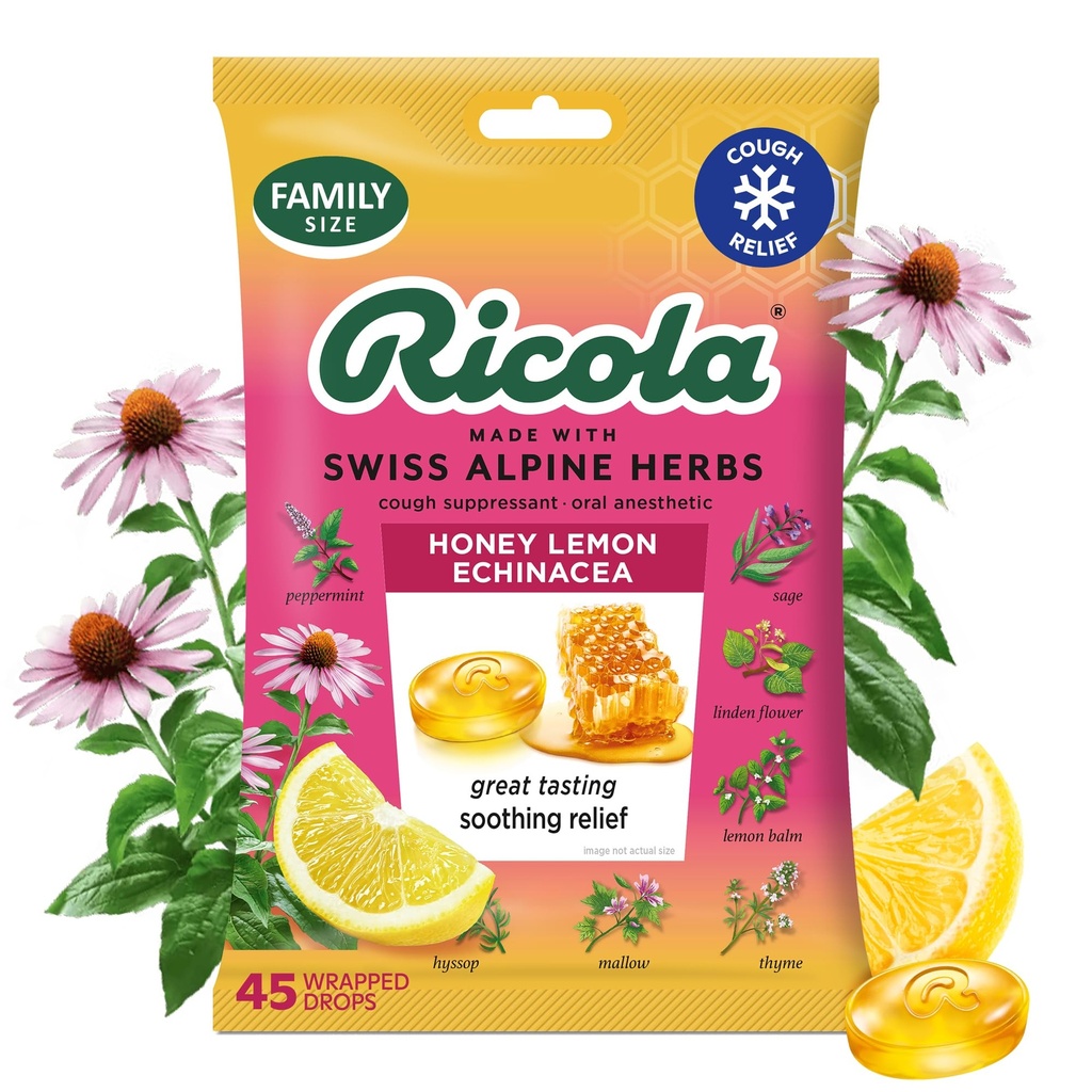 Ricola Lemon Mel com Echinacea Tosse Drops, 45 Conde, Delicious Throat Alief & Care, Anestesia Oral, Naturalmente saborosa