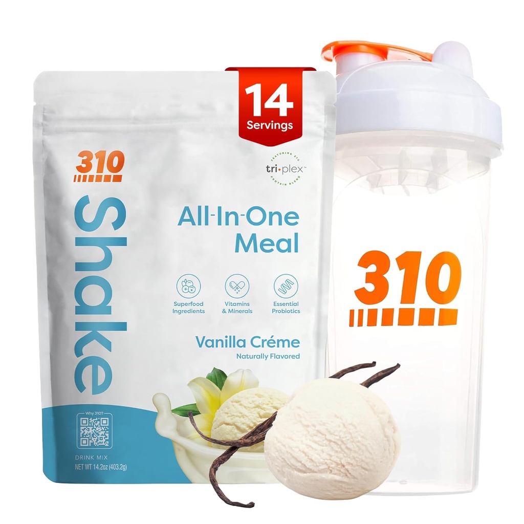310 Nutrition All-in-One Replacement Shake Powder w / Shaker Cup Starter Kit - Alta fibra de proteína rico Vegan Superfood Mistura - Livre de açúcar, Keto & Paleo Friendly, Low Carb - Vanilla Creme 14 srv