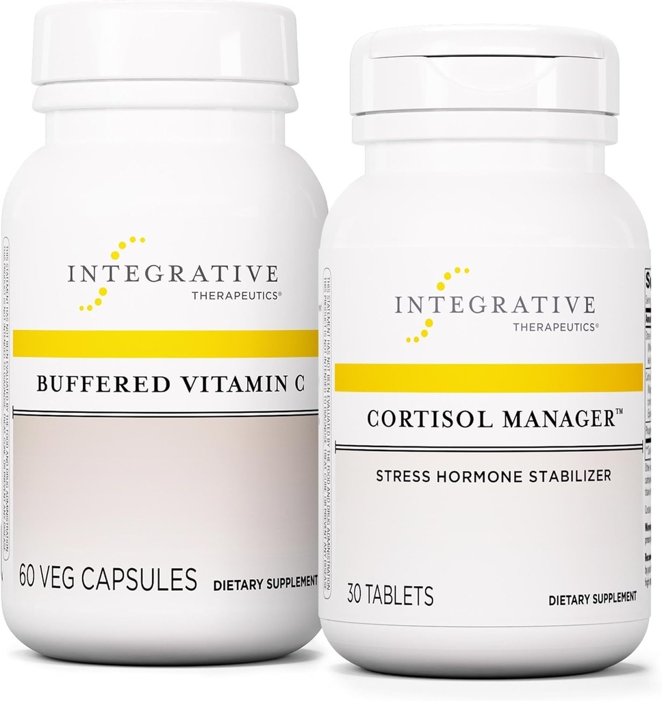 Integrative Therapeutics Bundle with Cortisol Manager, 30 Comprimidos - Cápsulas de vitamina C tampão 1.000 mg, 60 Cápsulas Vegan - Suplemento de estresse com Ashwagandha* - Suplemento imunológico com antioxidantes*