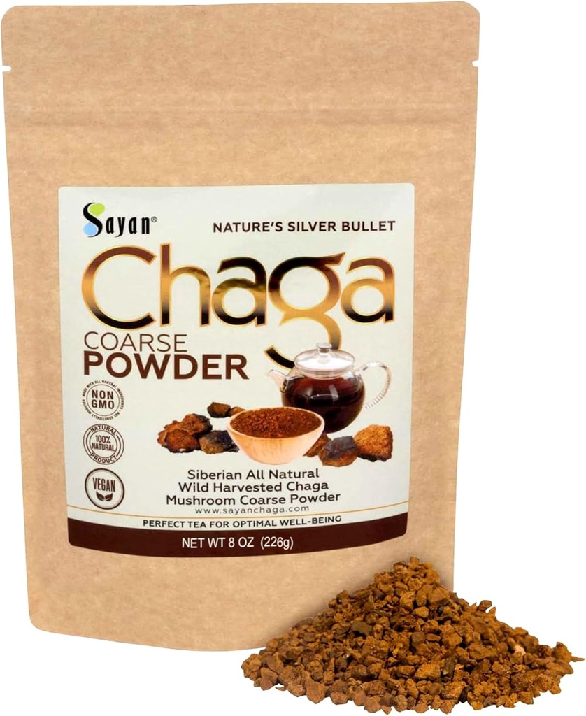 Sayan Siberiano Puro Raw Chaga Pó 8 Oz / 226g – Premium Floresta Selvagem Colhida Super Antioxidante Chá – Suporta Sistema Imune e Saúde Digestiva – Foco, Energia, Claridade, Bem-Estar - Não-GMO